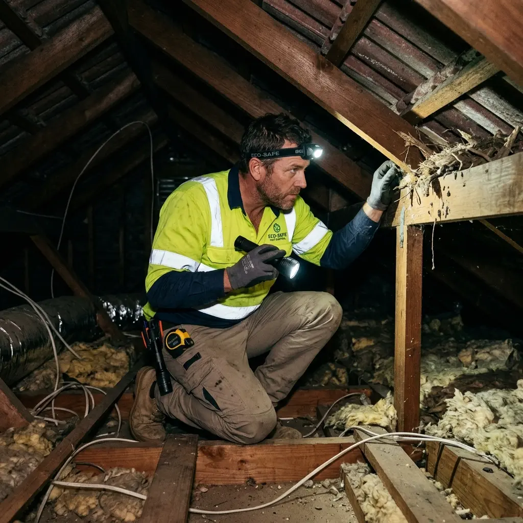 Technician inspecting a Safety Beach subfloor void for a deceased cat